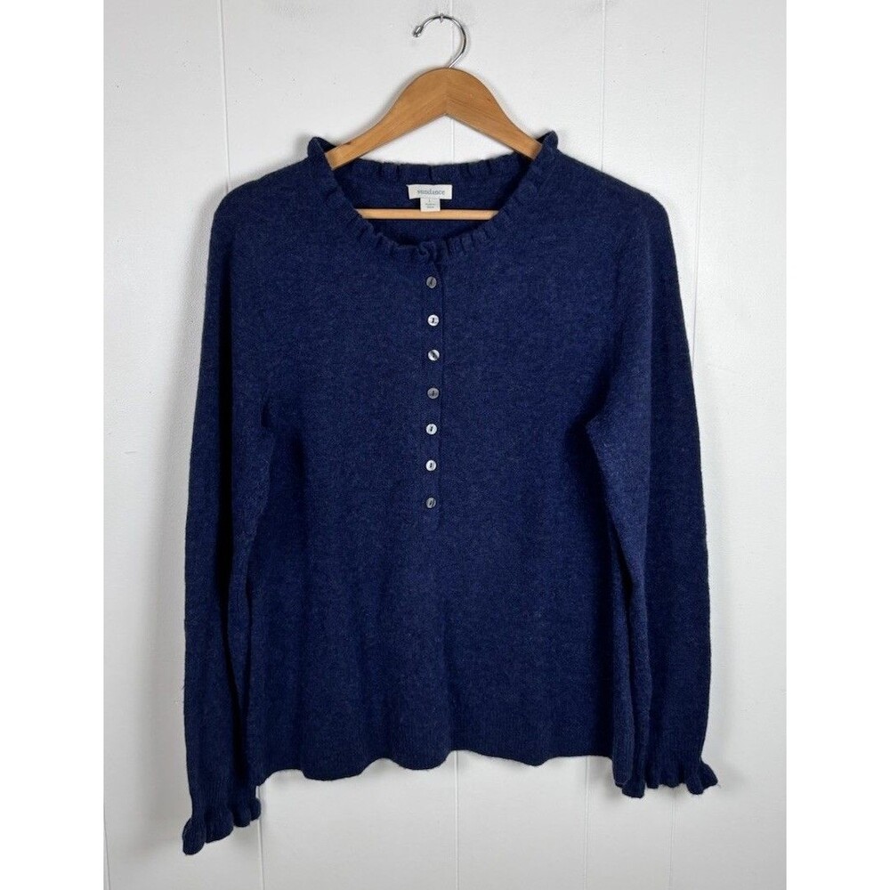 Sundance Size‎ Large Edwina Henley Wool Cashmere Ruffle Blue Sweater